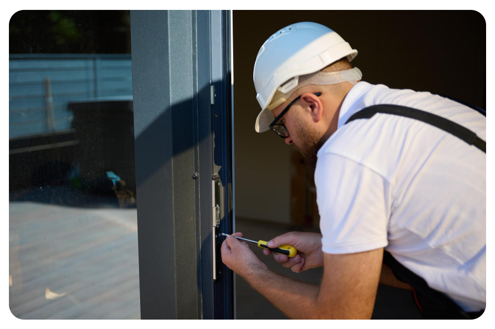 Un homme répare une poignée de porte, un bricoleur répare la serrure de la porte dans la chambre, travaille pour les réfugiés